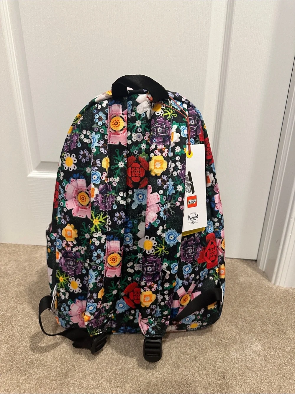 Lego Kids Black Floral Print Backpack with Multicolor Flowers